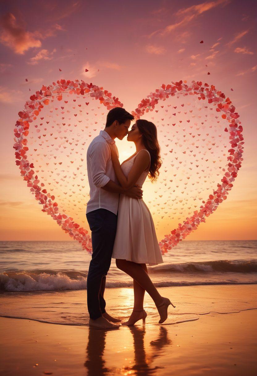 A romantic scene featuring a couple sharing a tender kiss amidst a picturesque sunset, surrounded by floating heart shapes and love quotes written in elegant cursive around them. The atmosphere should exude warmth and intimacy with soft lighting and vibrant floral elements enhancing the mood. Include delicate symbols of affection, like intertwined hands and love letters scattered on a whimsical background. super-realistic. warm colors. dreamy atmosphere.