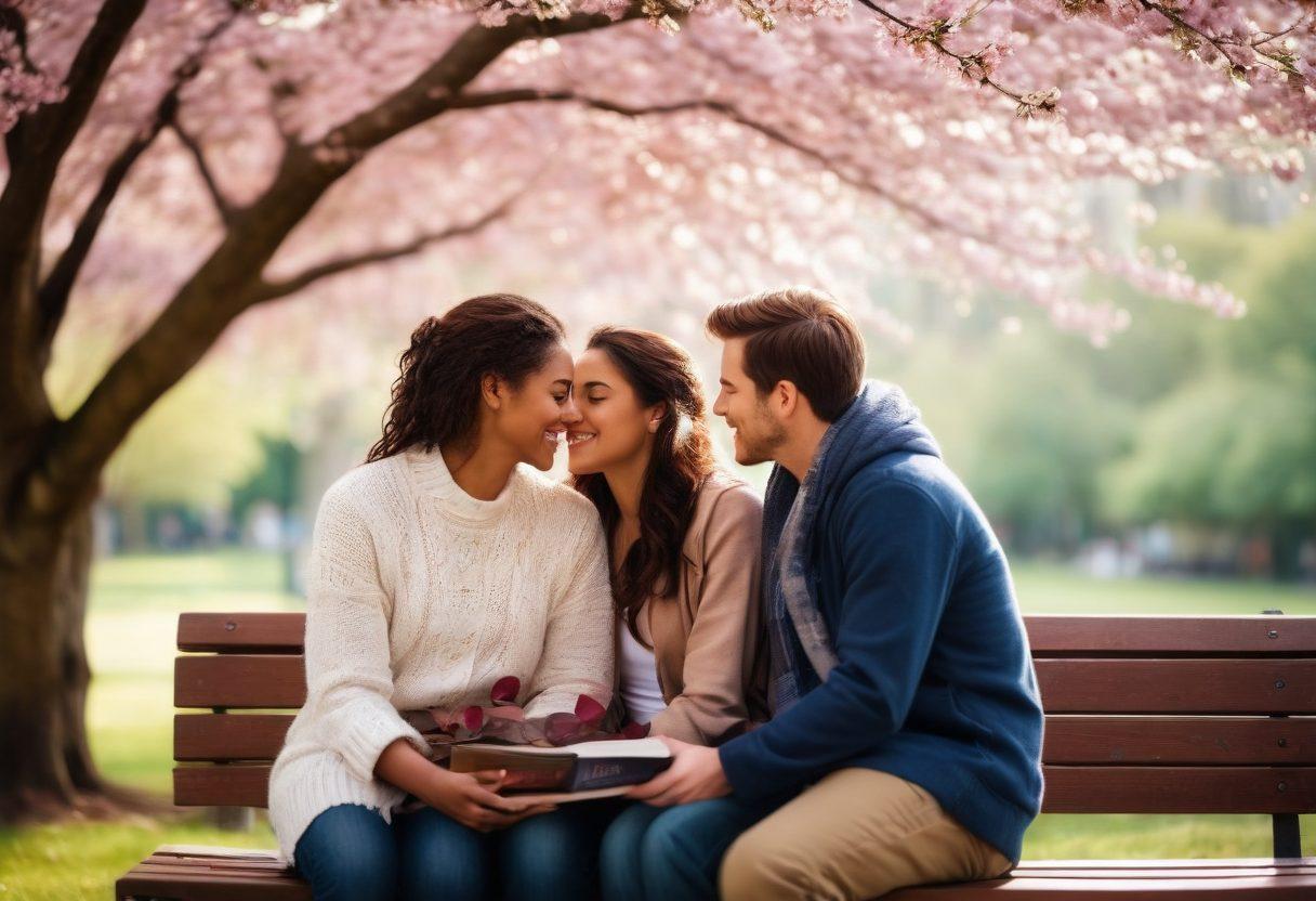 A loving couple sitting closely on a park bench under a cherry blossom tree, sharing a warm smile and tender gaze, with soft sunlight filtering through the petals. Surround them with subtle heart-shaped bokeh to symbolize love and emotional connection. Include personal items like a shared book and cups of coffee on the bench, reflecting their bond. super-realistic. vibrant colors. soft focus.