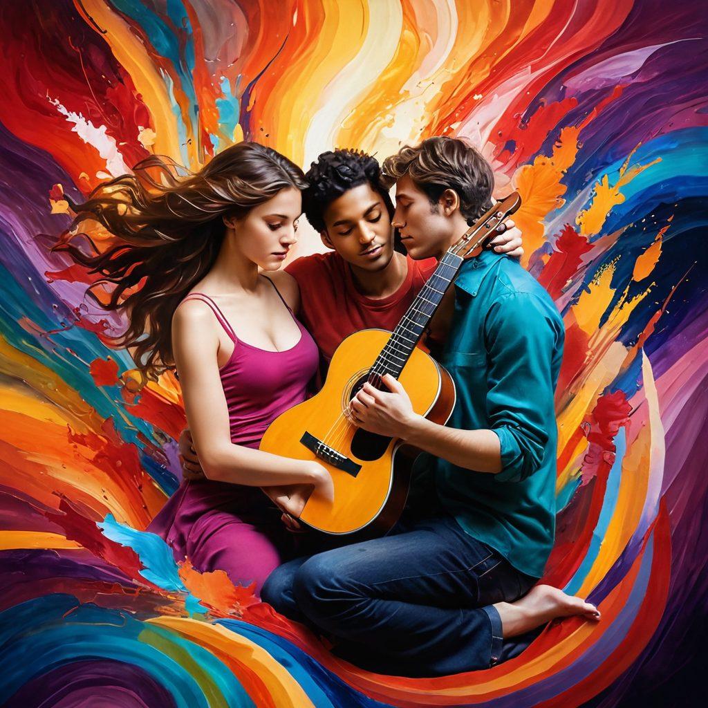 An intimate scene of two people engaged in a shared passion, surrounded by swirling colors representing creativity and connection, with elements like paintbrushes, musical instruments, and books weaving together. Soft, warm lighting to evoke a feeling of closeness and partnership, with hearts and abstract shapes symbolizing love and collaboration in the background. super-realistic. vibrant colors. soft focus.